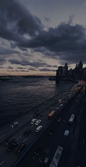 Moody Dusk Highway Traffic New York City Skyline View - Free 4K & 8K Mobile Wallpaper