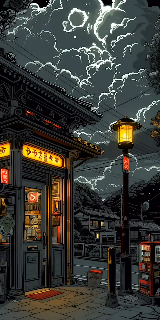 Moody Japanese Street Corner Night - Comic Style Illustration - Free 4K & 8K Mobile Wallpaper