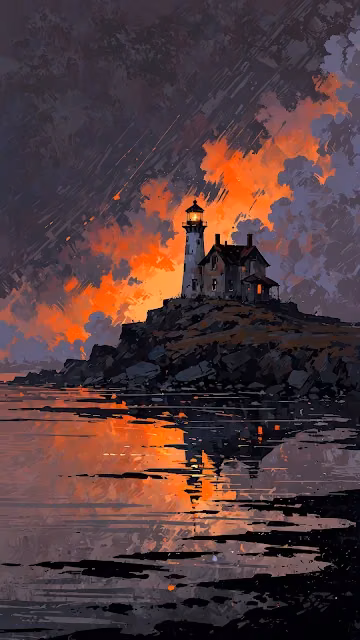 Moody Lighthouse Painting with Vivid Orange Sunset Sky - Free 4K & 8K Mobile Wallpaper