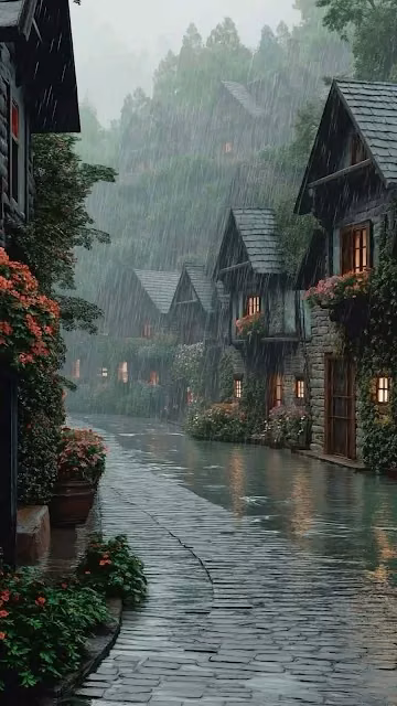 Moody Rainy Cobblestone Village Path in Lush Forest - Free 4K & 8K Mobile Wallpaper