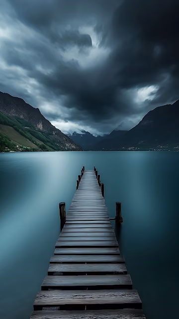 Moody Wooden Dock Lake Stormy Sky Mountain Landscape View - Free 4K & 8K Mobile Wallpaper