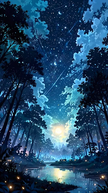 Moonlit Forest River with Fireflies and Starry Night Sky - Free 4K & 8K Mobile Wallpaper