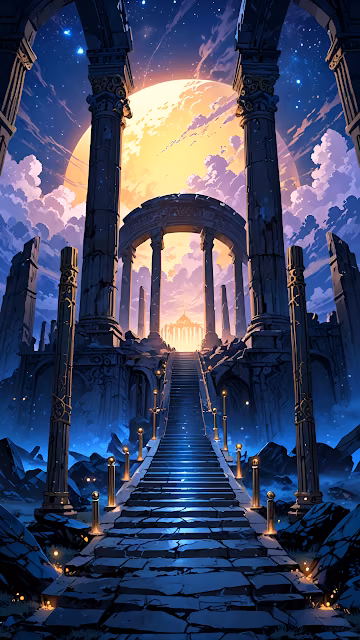 Moonlit Stairway Through Ancient Ruins to Distant Temple - Free 4K & 8K Mobile Wallpaper