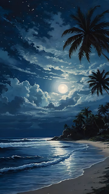 Moonlit Tropical Beach Under Starry Night Sky - Free 4K & 8K Mobile Wallpaper