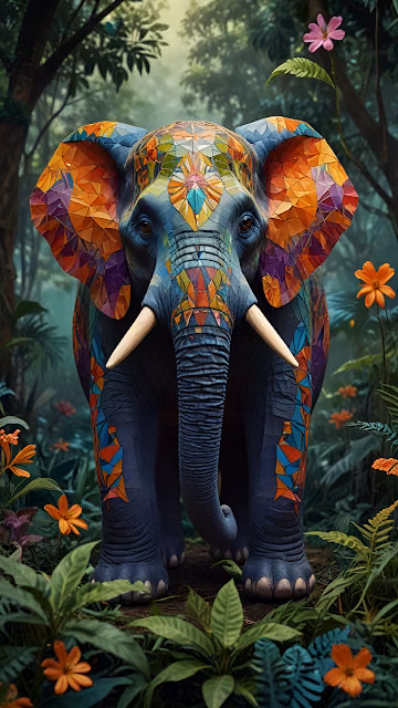 Mosaic Elephant Portrait in Lush Jungle Fantasy Art - Free 4K & 8K Mobile Wallpaper