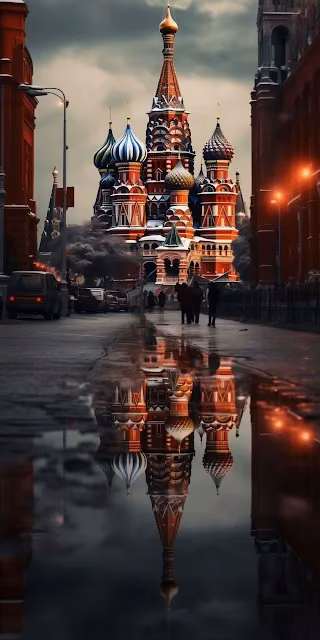 Moscow Cathedral Puddle Reflection Moody Street Scene - Free 4K & 8K Mobile Wallpaper
