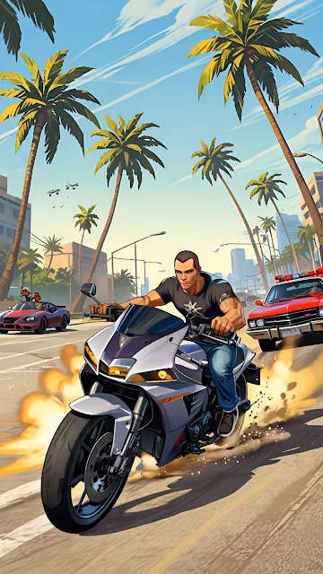 Motorcyclist Racing Through Palm Tree City Street - Free 4K & 8K Mobile Wallpaper
