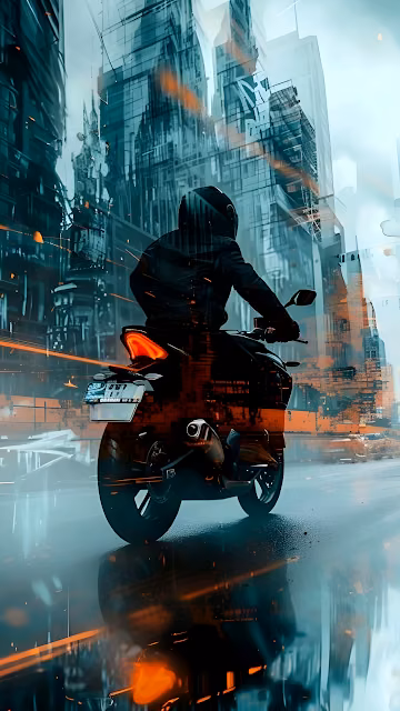 Motorcyclist Riding Through Glitchy Cyberpunk Cityscape - Free 4K & 8K Mobile Wallpaper