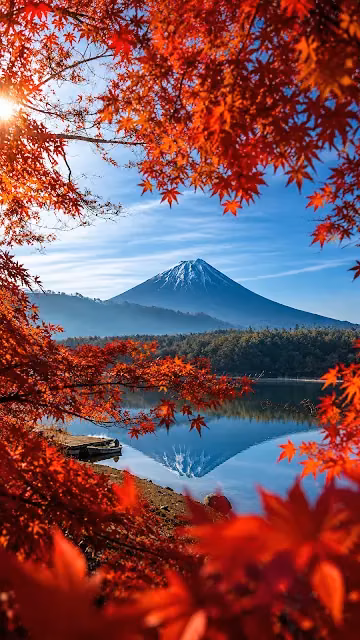 Snow-capped Mount Fuji and its water reflection viewed through a vibrant frame of bright red autumn maple leaves on a sunny day.