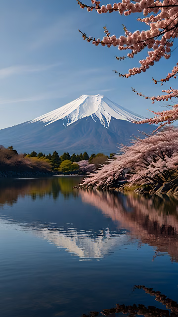 Mount Fuji with Cherry Blossoms Reflected in Calm Lake - Free 4K & 8K Mobile Wallpaper