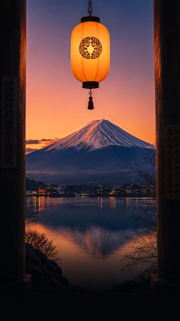 Mount Fuji Framed by Traditional Japanese Window and Glowing Lantern - Free 4K & 8K Mobile Wallpaper