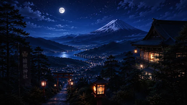 Mount Fuji and a glowing lakeside town seen from an illuminated Japanese shrine path under a full moon. Illuminated stone lanterns and a torii gate overlooking a glowing valley, lake, and snow-capped Mount Fuji at night.