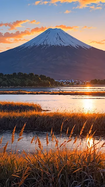 Mount Fuji Sunset over Golden Marshland Illustration - Free 4K & 8K Mobile Wallpaper