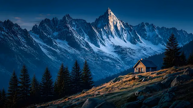 Wooden chalet on a grassy mountain slope in front of towering snow-capped jagged peaks and pine trees.