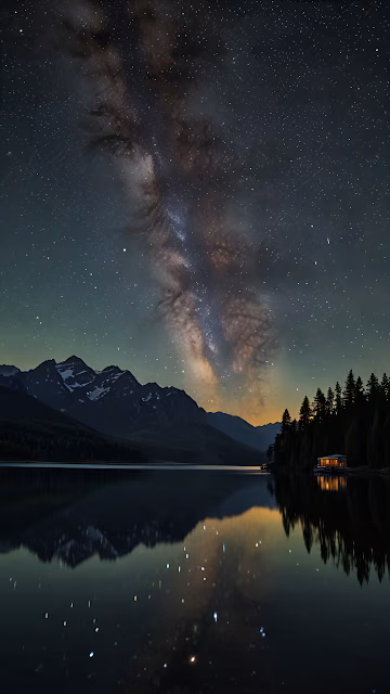 Mountain Lake Under Milky Way with Glowing Cabin - Free 4K & 8K Mobile Wallpaper
