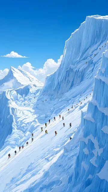 Line of mountain climbers hiking up a snowy glacial ridge under a bright blue sky.