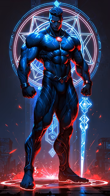 Muscular Superhero Blue Suit Neon Magic Portal - Free 4K & 8K Mobile Wallpaper