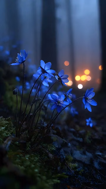 Mysterious Blue Forest Flowers Dark Moody Bokeh Lights - Free 4K & 8K Mobile Wallpaper