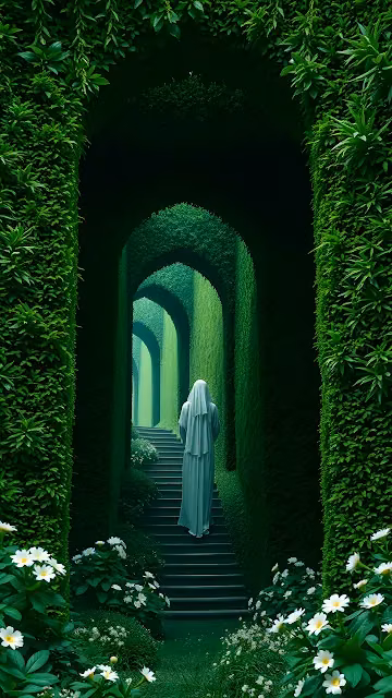 Mysterious Figure Ascending Steps in a Verdant Hedge Maze - Free 4K & 8K Mobile Wallpaper