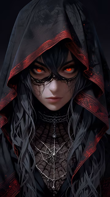 Mysterious Hooded Figure with Glowing Red Eyes and Web Necklace - Free 4K & 8K Mobile Wallpaper