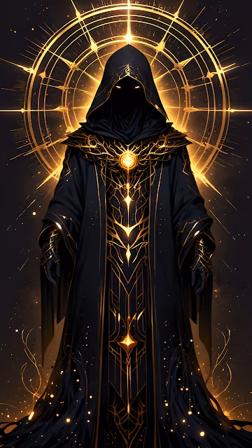Mysterious Hooded Figure with Golden Rune Aura - Free 4K & 8K Mobile Wallpaper