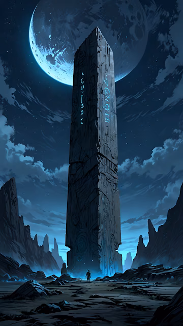 Mysterious Monolith Under Giant Moon in Alien Landscape - Free 4K & 8K Mobile Wallpaper