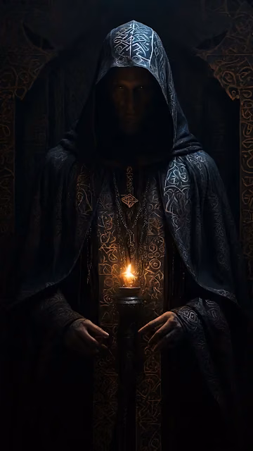 Mysterious robed figure holds candle in dark ornate chamber - Free 4K & 8K Mobile Wallpaper
