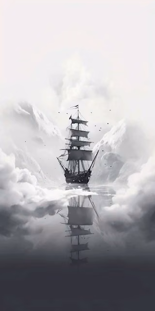 Mysterious Tall Ship Sailing Through Monochromatic Fog Banks - Free 4K & 8K Mobile Wallpaper