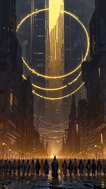 Mystic Procession Under Glowing Golden Rings - Free 4K & 8K Mobile Wallpaper