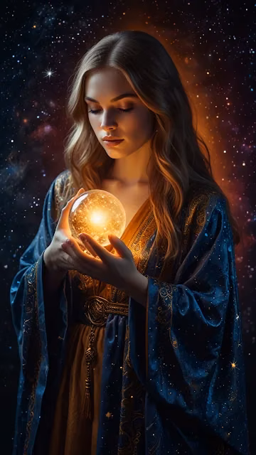Mystic woman holds glowing orb against starry cosmic backdrop - Free 4K & 8K Mobile Wallpaper