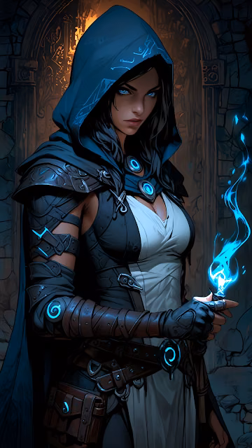 Mystic Woman in Hooded Armor Holding Blue Flame - Free 4K & 8K Mobile Wallpaper