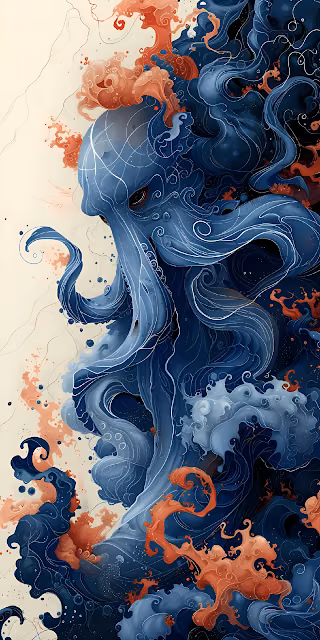 Mystical Blue Octopus and Coral Ink Swirls Artwork - Free 4K & 8K Mobile Wallpaper