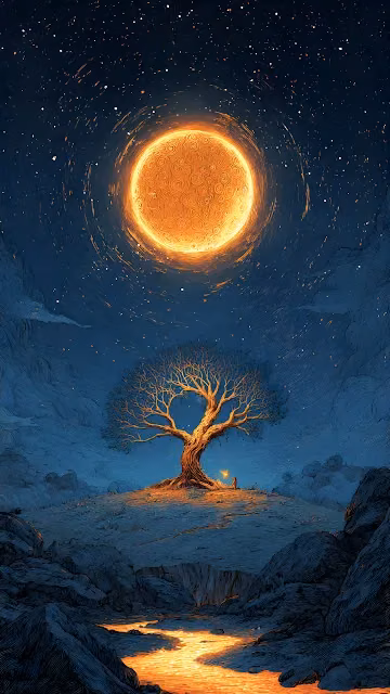 Mystical Glowing Tree Under Cosmic Orange Sun Engraving Style - Free 4K & 8K Mobile Wallpaper