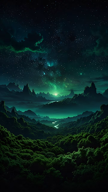 Mystical Green Nebula Night Forest Valley Landscape Art - Free 4K & 8K Mobile Wallpaper