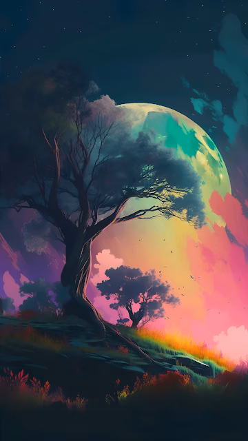 Mystical Tree Silhouette Against Vibrant Moon Sky - Free 4K & 8K Mobile Wallpaper