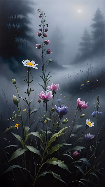 Mystical Wildflowers Glowing in Moonlit Foggy Forest - Free 4K & 8K Mobile Wallpaper
