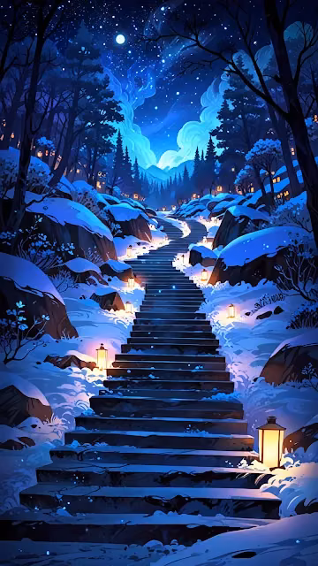 Mystical Winter Staircase Path Under Starry Blue Night Sky - Free 4K & 8K Mobile Wallpaper