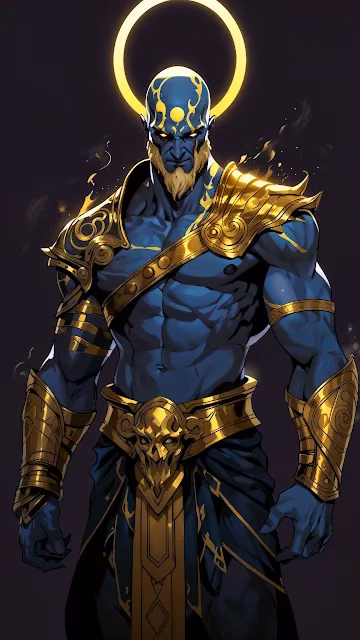 Mythic Blue Deity in Gold Armor with Glowing Halo - Free 4K & 8K Mobile Wallpaper