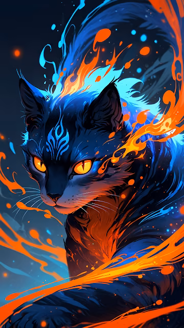 Mythic Cat with Fire and Ice Aura in Cosmic Darkness - Free 4K & 8K Mobile Wallpaper