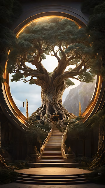 Mythical Ancient Tree of Life Golden Portal - Free 4K & 8K Mobile Wallpaper