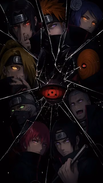 Anime artwork showing Akatsuki members like Itachi, Pain, and Tobi in glass shards around a Sharingan eye.