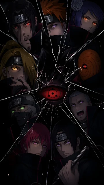 Akatsuki members appear framed in shattered glass shards radiating from a glowing central Sharingan eye. Anime artwork showing Akatsuki members like Itachi, Pain, and Tobi in glass shards around a Sharingan eye.