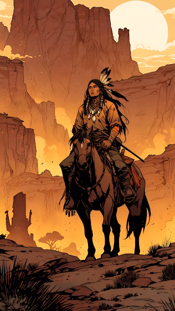 Native warrior on horseback in desert canyon at sunset - Free 4K & 8K Mobile Wallpaper