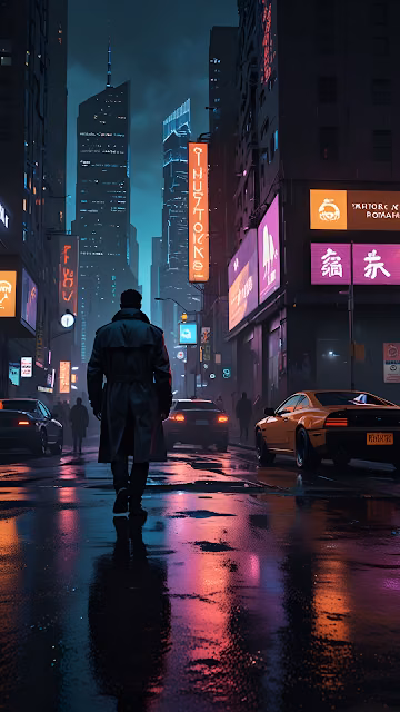 Neo Noir Detective Walking Rainy Cyberpunk City Street - Free 4K & 8K Mobile Wallpaper