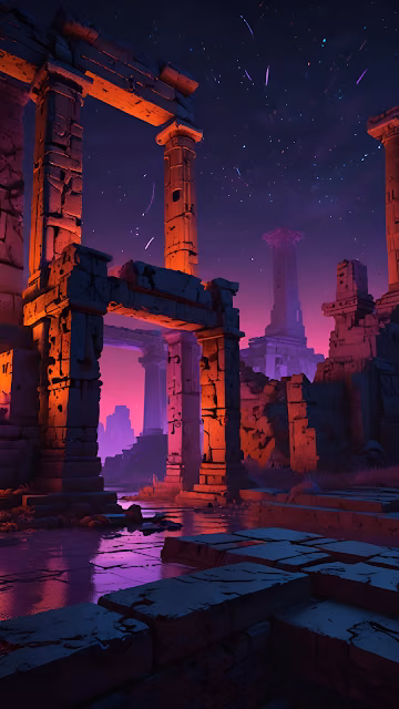 Neon Ancient Ruins Under Starry Purple Sky - Free 4K & 8K Mobile Wallpaper