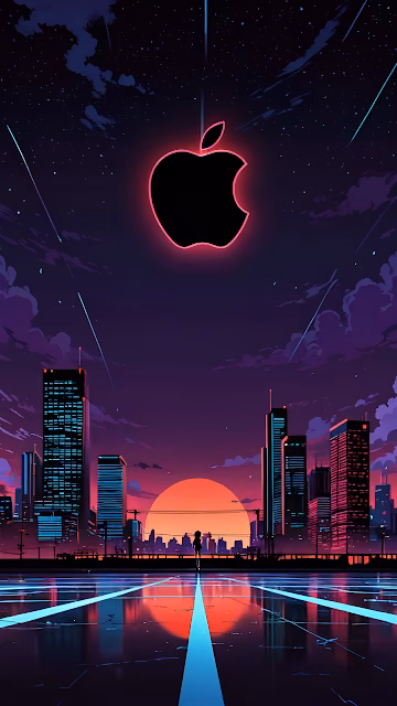 Neon Apple Logo Over Retro Synthwave City Skyline - Free 4K & 8K Mobile Wallpaper