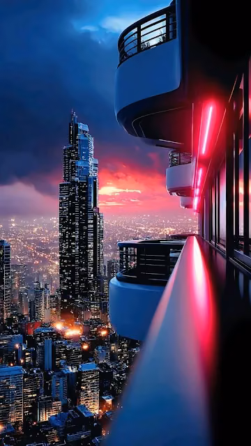 Neon Balcony View Over Futuristic City Skyline Sunset - Free 4K & 8K Mobile Wallpaper
