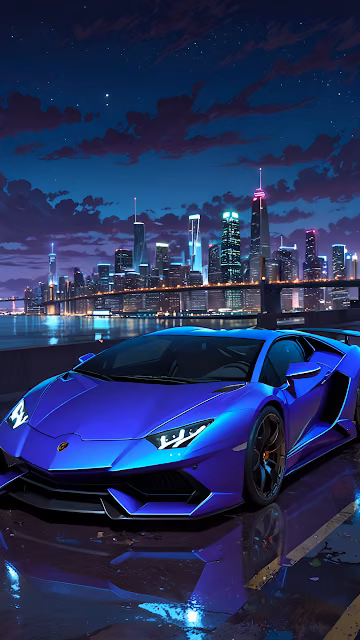 Neon Blue Lamborghini Supercar Urban Night Reflection - Free 4K & 8K Mobile Wallpaper