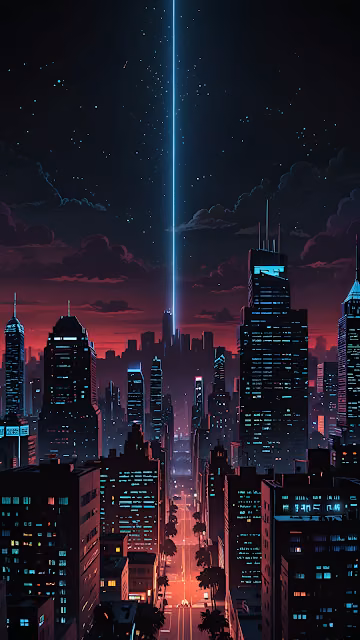 Neon Blue Light Beam Rising from Dark Retro City Skyline - Free 4K & 8K Mobile Wallpaper
