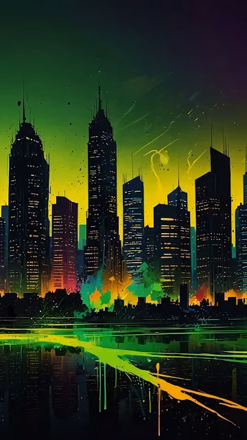 Neon city skyline glows with green and yellow under dark sky - Free 4K & 8K Mobile Wallpaper